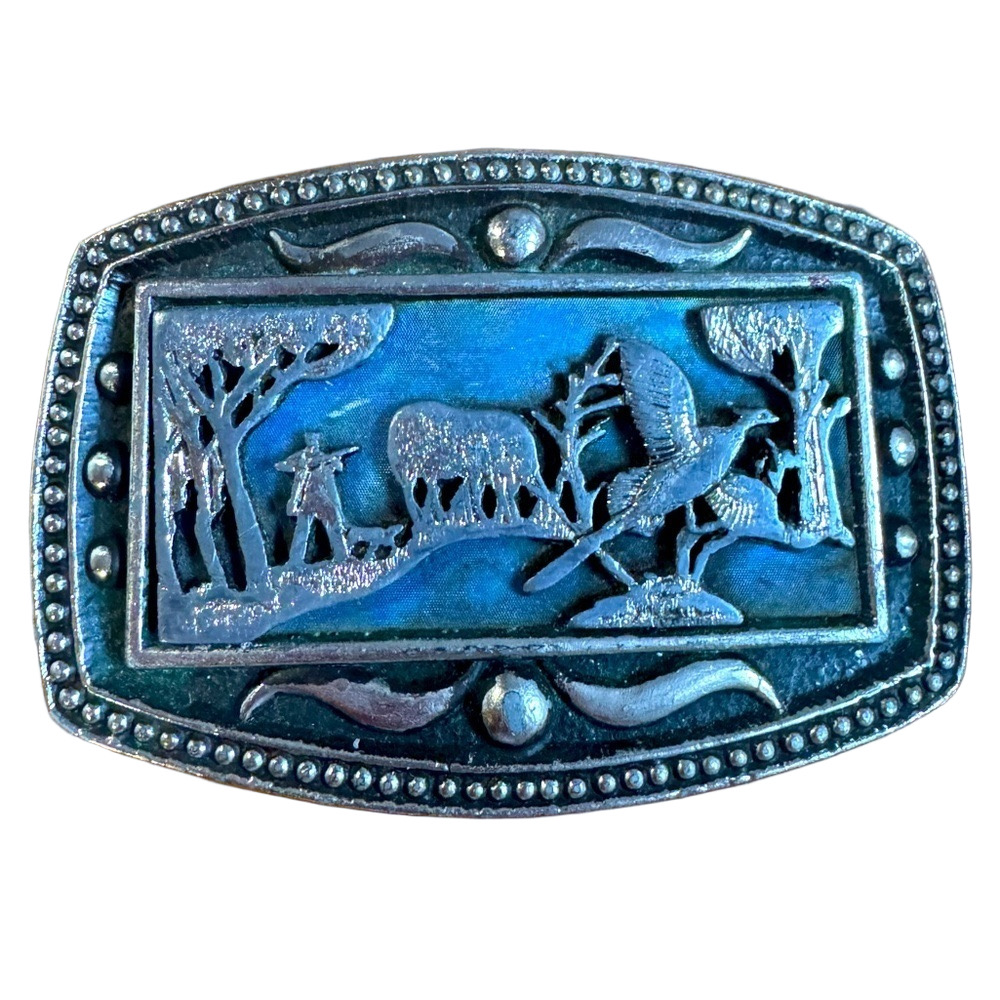Vintage Metal Belt Buckle Man Hunting Pheasant Moose Collectible